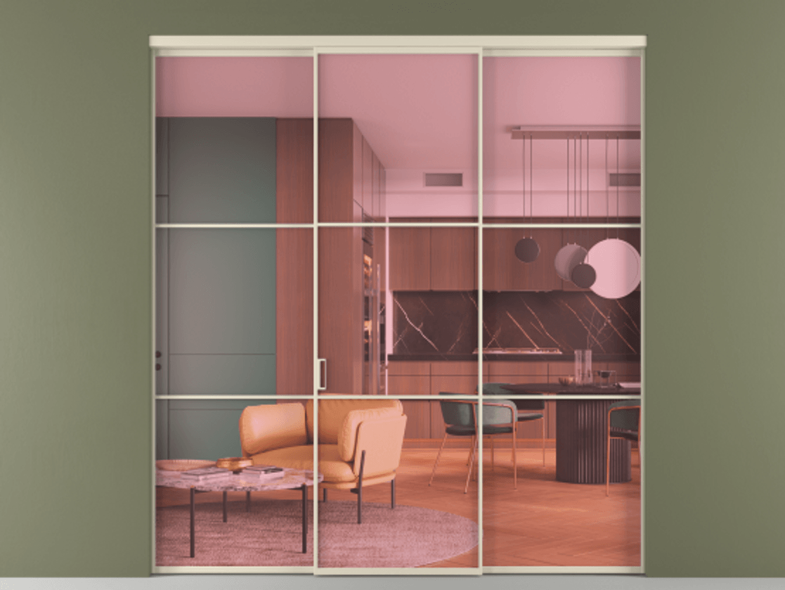 Перегородка Formato внутри проёма 3 створки АЛПР 040.03 Алюминий бежево-серый Прозрачное розовое стекло, триплекс Цена 248540 ₽ | Volhovec