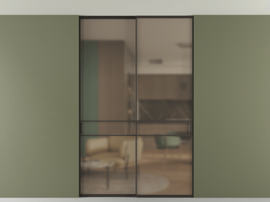 Перегородка Формато внутри проёма скрытое крепление в потолок 2 створки АЛПР 040.02 Алюминий антрацит Сатинированное бронзовое стекло, триплекс Цена 289520 ₽ | Volhovec